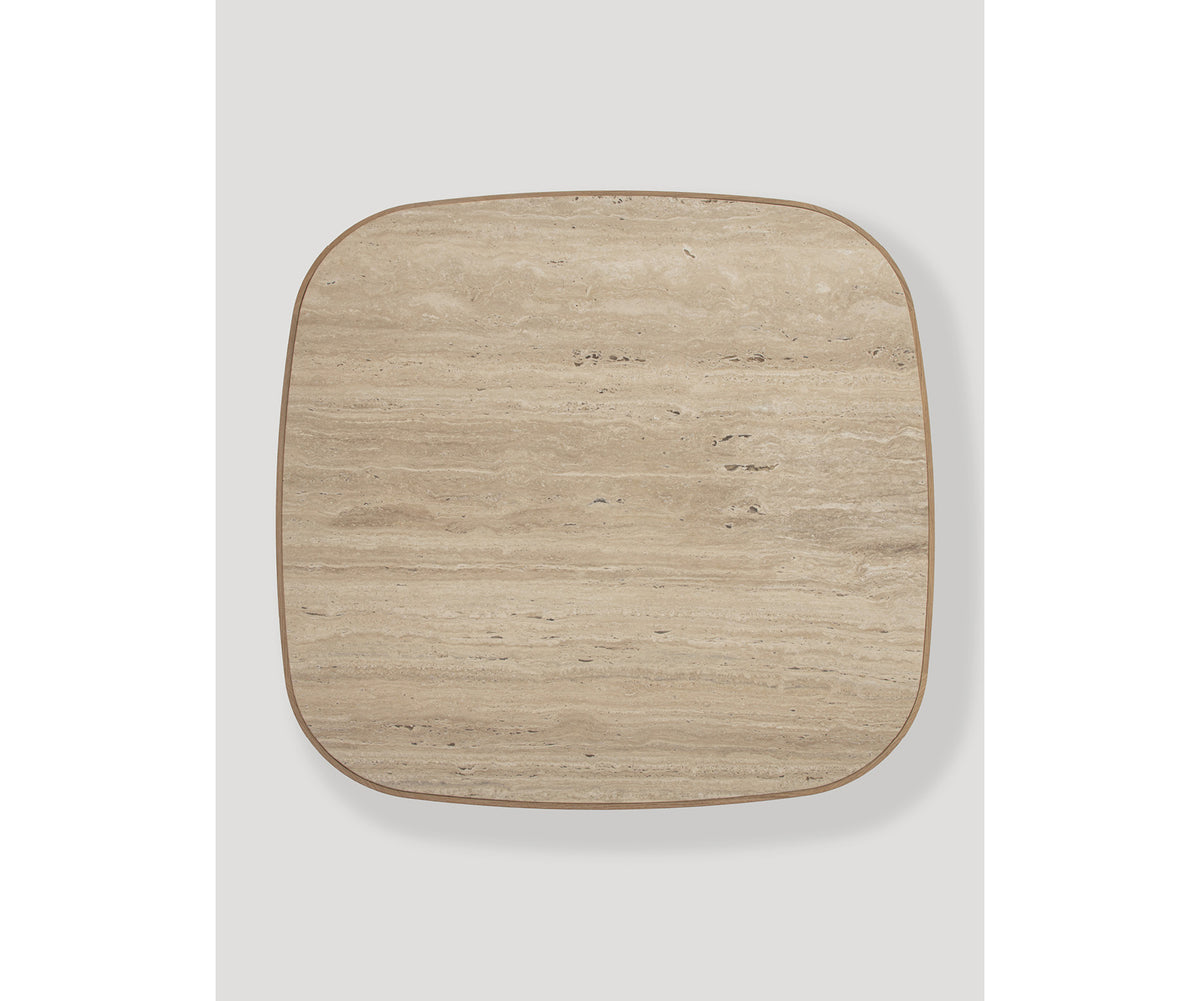 Enook coffee table crafted from solid wood, featuring a square tabletop with rounded corners and a sculptural cylindrical base in a contemporary design.