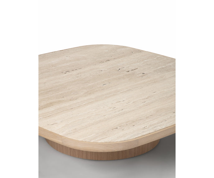 Enook coffee table crafted from solid wood, featuring a square tabletop with rounded corners and a sculptural cylindrical base in a contemporary design.