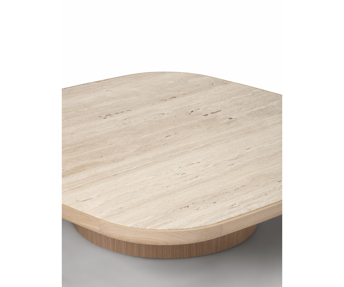 Enook coffee table crafted from solid wood, featuring a square tabletop with rounded corners and a sculptural cylindrical base in a contemporary design.
