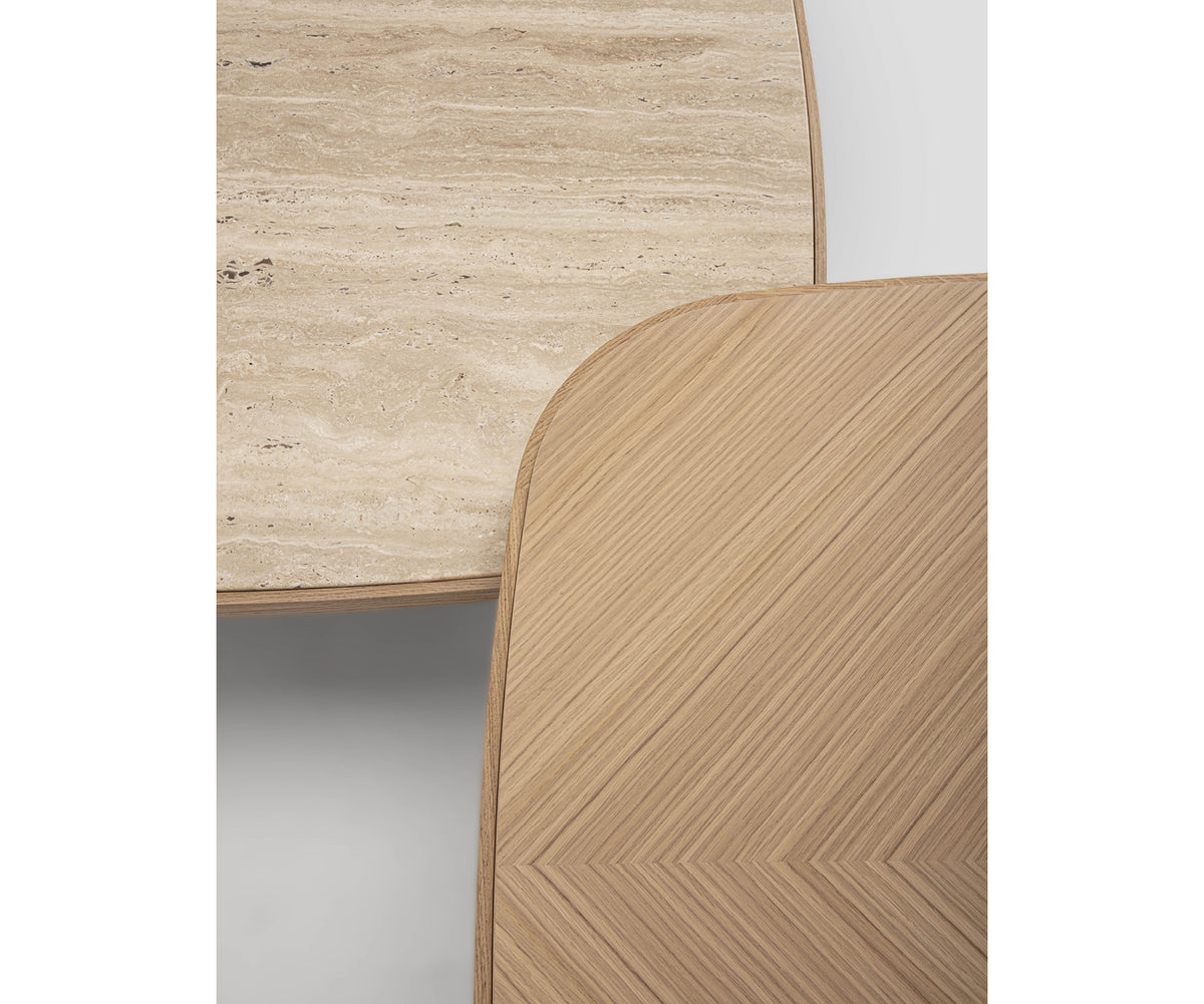 Enook coffee table crafted from solid wood, featuring a square tabletop with rounded corners and a sculptural cylindrical base in a contemporary design.