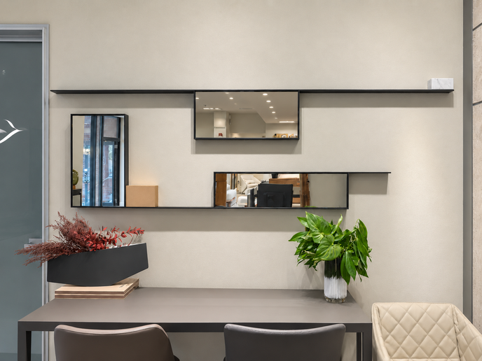 Floor Sample Mirror Lines with Black Nickel, White Carrara Marble and Brass Details by MDF Italia | Casa Design Group
