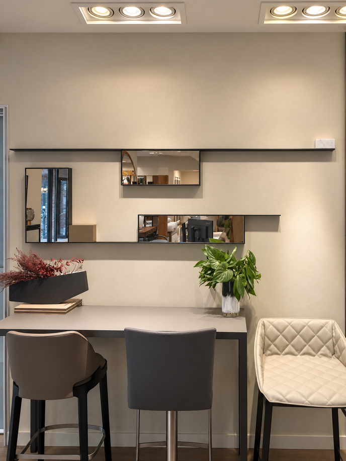 Floor Sample Mirror Lines with Black Nickel, White Carrara Marble and Brass Details by MDF Italia | Casa Design Group