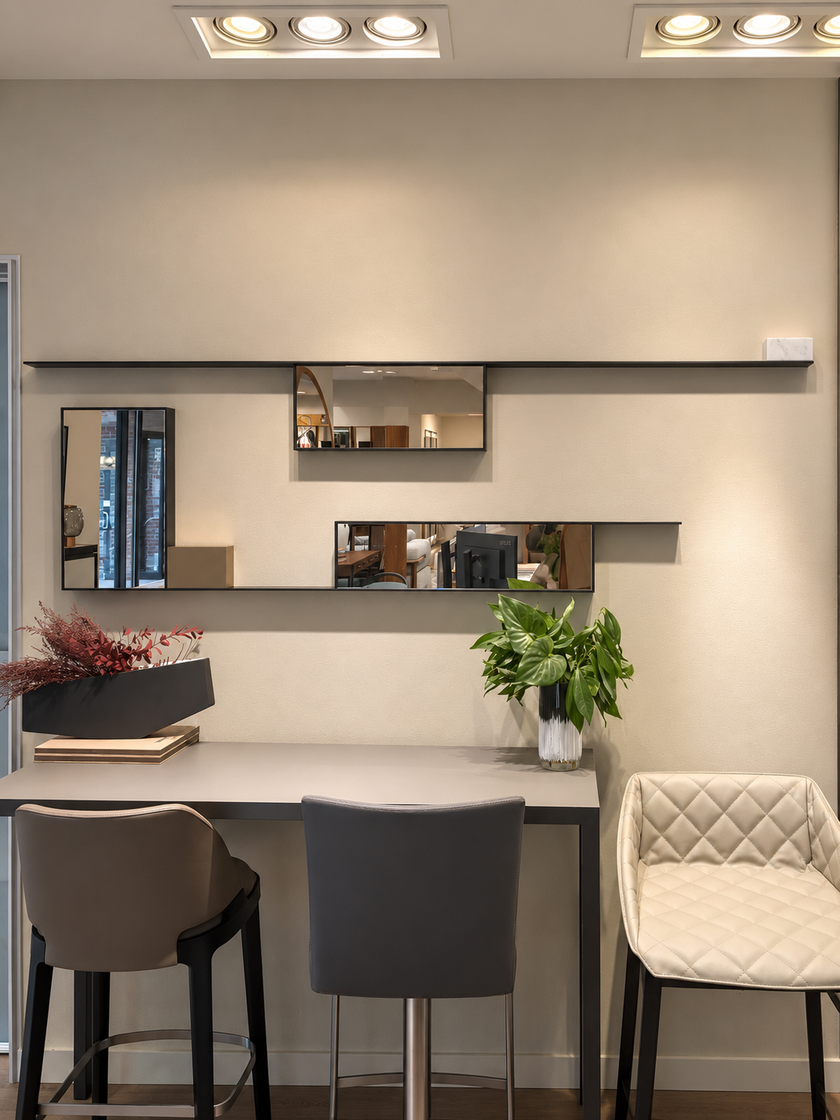 Floor Sample Mirror Lines with Black Nickel, White Carrara Marble and Brass Details by MDF Italia | Casa Design Group