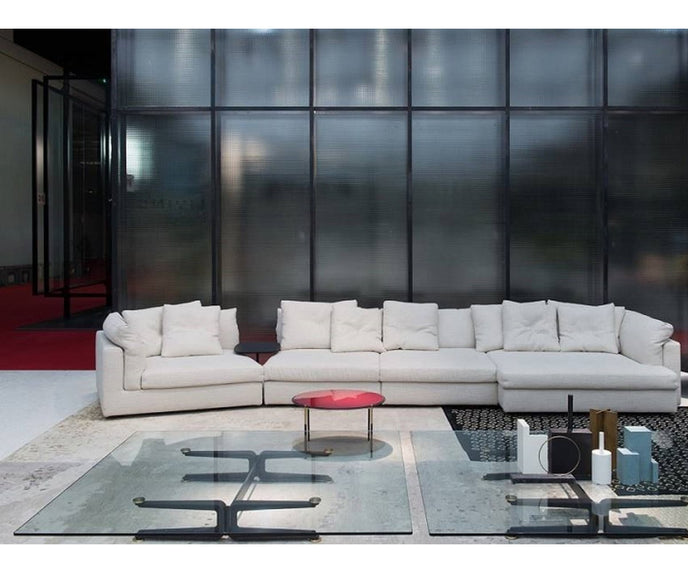Floyd-Hi Coffee Table by Living Divani with a tempered glass top and laser-cut sheet steel base.