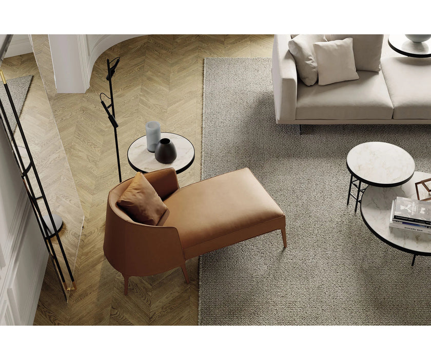 Frigerio Jackie chaise longue with solid ashwood legs and tailored fabric or leather upholstery, available at Casa Design Group.