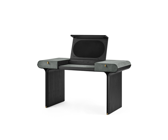 Luxury Stami Vanity by Gallotti&Radice with Mirror, Leather Upholstery and Brass Details | Casa Design Group