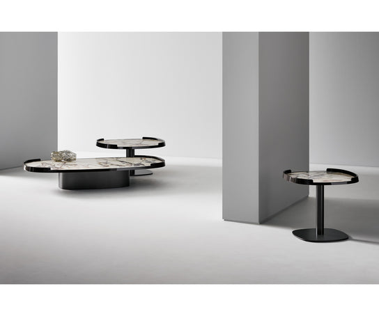 Gem Coffee Table by Bonaldo with a glass or ceramic top and lacquered wood edge.