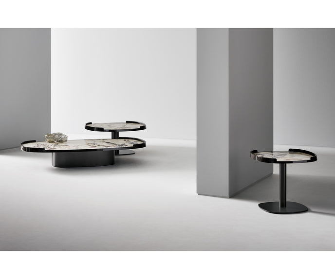 Gem Coffee Table by Bonaldo with a glass or ceramic top and lacquered wood edge.