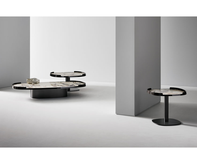 Gem Coffee Table by Bonaldo with a glass or ceramic top and lacquered wood edge.