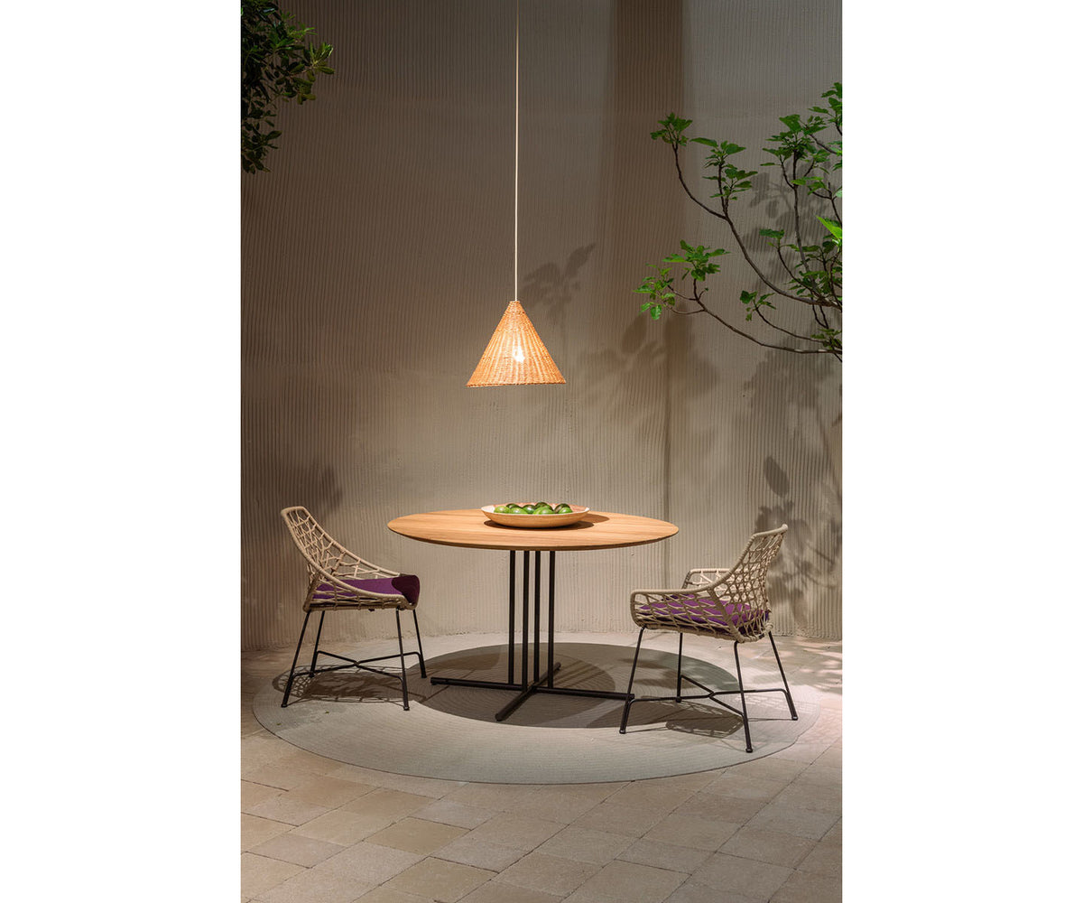 Round Graphic Outdoor Iroko Dining Table with Metal Base by Potocco | Casa Design Group