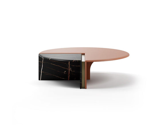Helena Coffee Table by Capital with a lacquered round top, marble insert, and metallic accents.