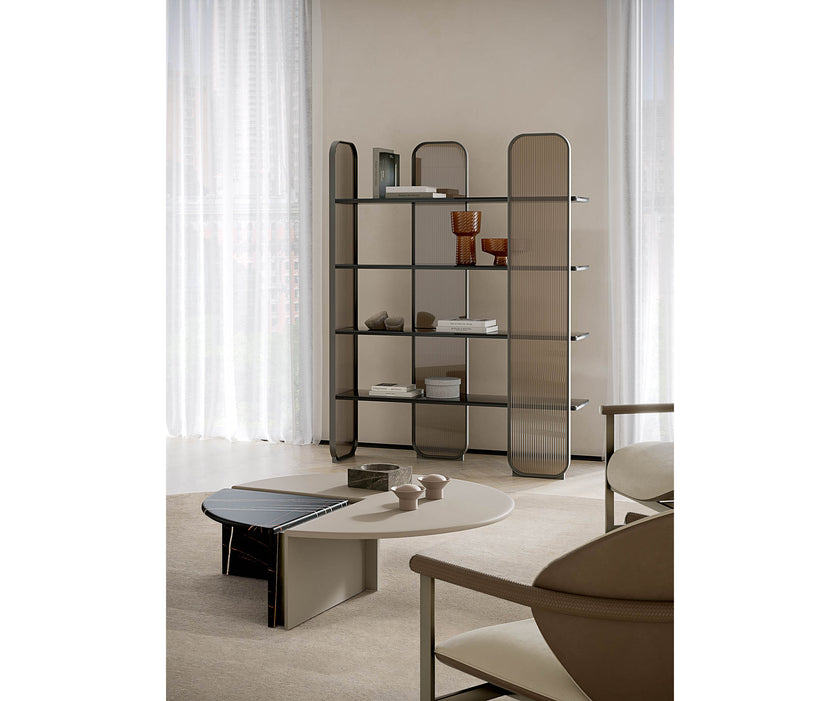 Helena Coffee Table by Capital with a lacquered round top, marble insert, and metallic accents.