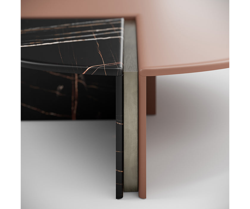 Helena Coffee Table by Capital with a lacquered round top, marble insert, and metallic accents.