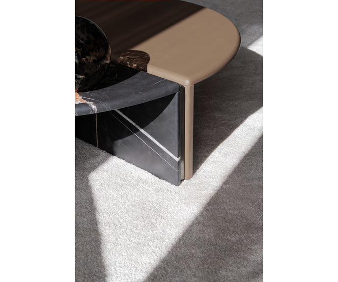 Helena Coffee Table by Capital with a lacquered round top, marble insert, and metallic accents.