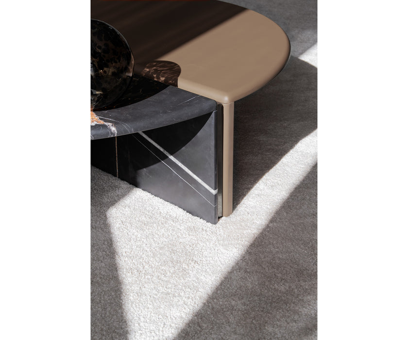 Helena Coffee Table by Capital with a lacquered round top, marble insert, and metallic accents.