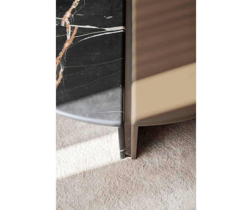 Helena Coffee Table by Capital with a lacquered round top, marble insert, and metallic accents.