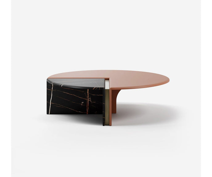 Helena Coffee Table by Capital with a lacquered round top, marble insert, and metallic accents.