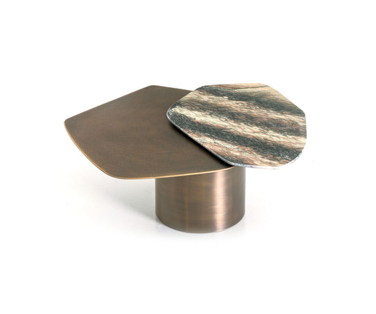 Incanto marble and metal coffee table by Rugiano with overlapping organic tops and a cylindrical base.