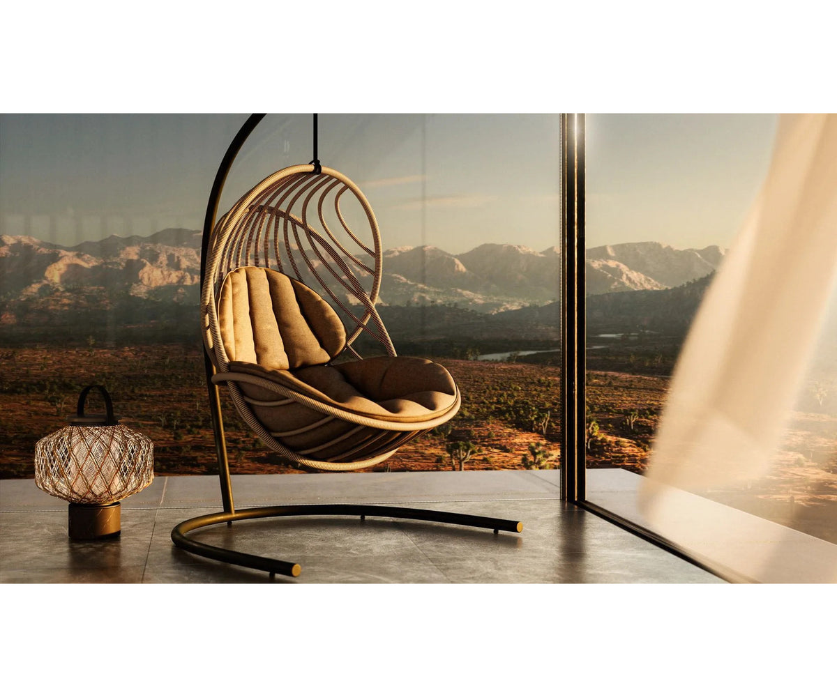 Luxury Kida Hanging Lounge Chair with Base by Dedon | Organic Outdoor Seating Design by Stephen Burks | Casa Design Group