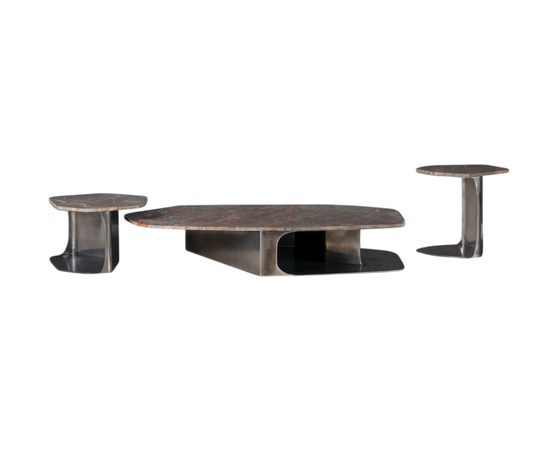 Kor Sculptural C Table with Natural Stone Top and Polished Steel Base by Baxter | Casa Design Group