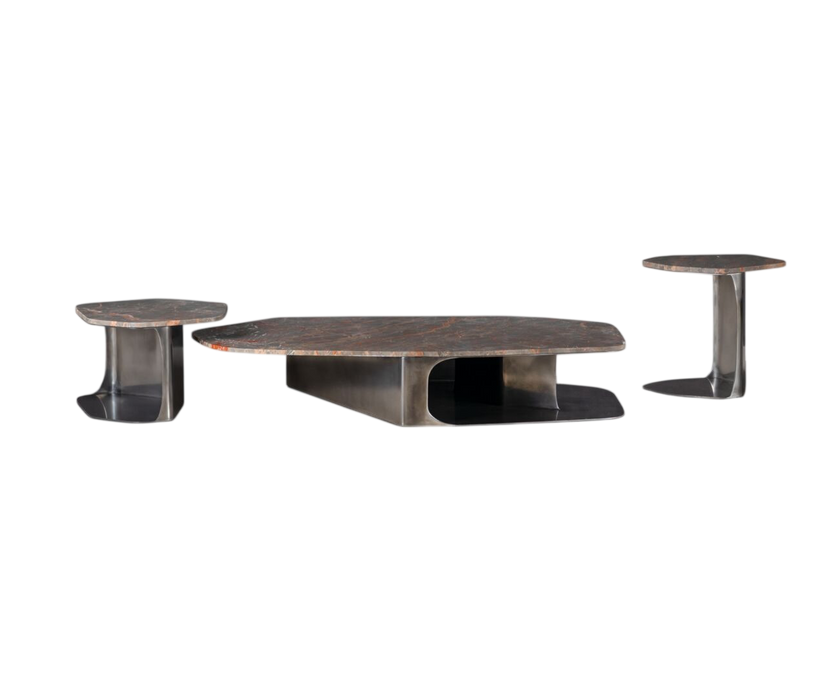 Kor Sculptural C Table with Natural Stone Top and Polished Steel Base by Baxter | Casa Design Group