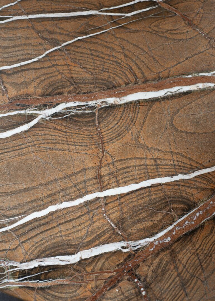Kor Sculptural C Table with Natural Stone Top and Polished Steel Base by Baxter | Casa Design Group