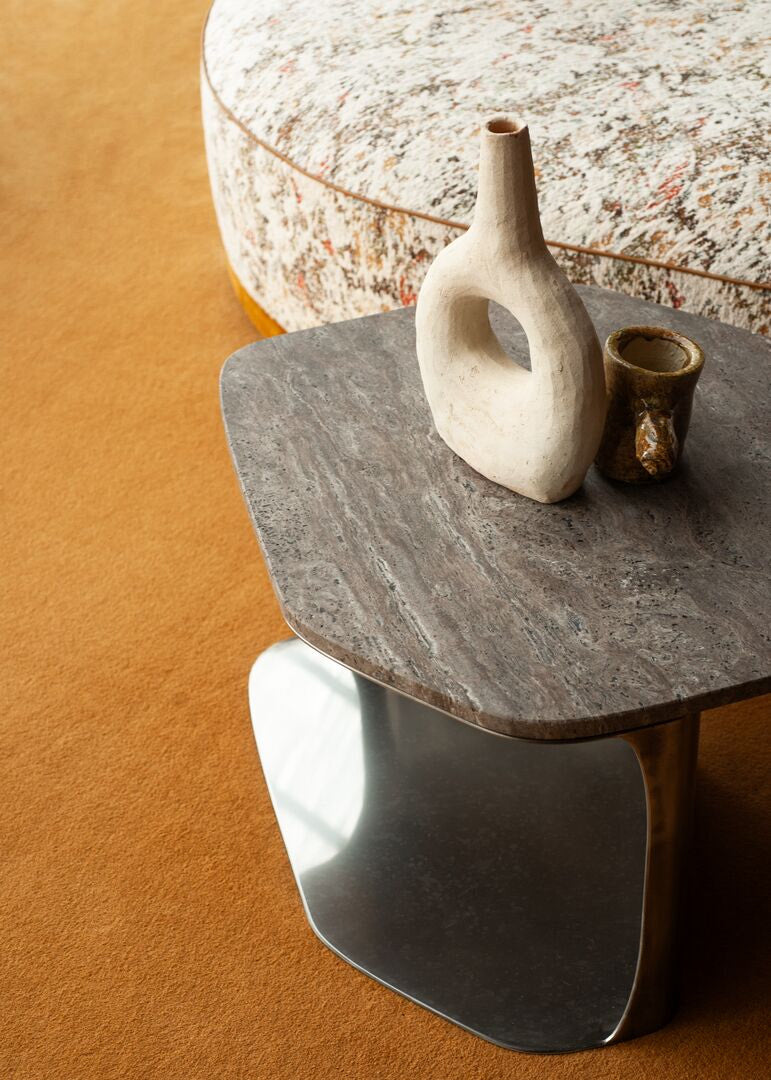Kor Sculptural C Table with Natural Stone Top and Polished Steel Base by Baxter | Casa Design Group