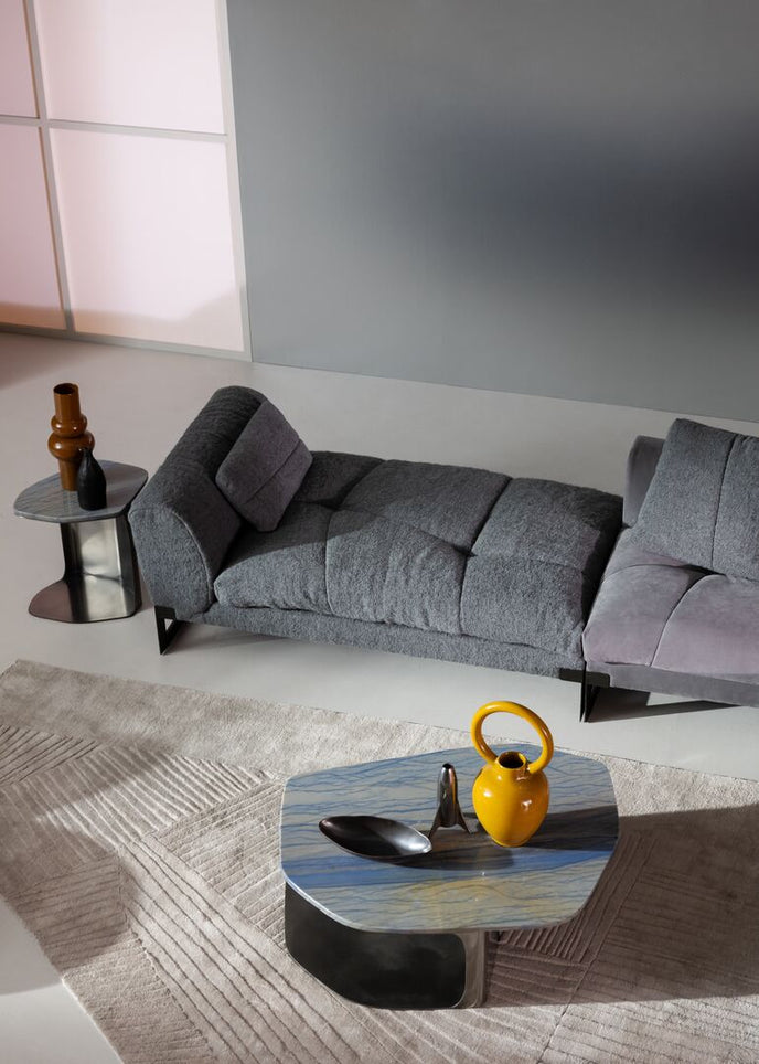 Kor Sculptural C Table with Natural Stone Top and Polished Steel Base by Baxter | Casa Design Group