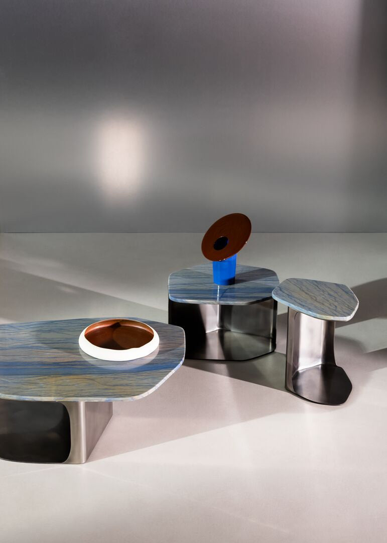 Kor Sculptural C Table with Natural Stone Top and Polished Steel Base by Baxter | Casa Design Group
