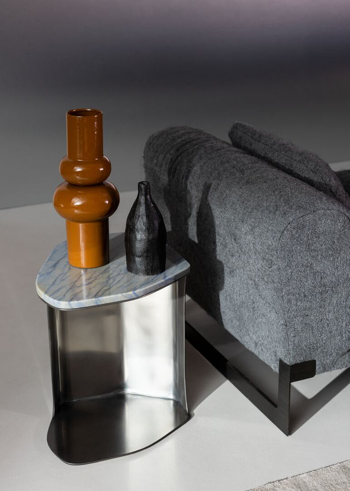 Kor Sculptural C Table with Natural Stone Top and Polished Steel Base by Baxter | Casa Design Group