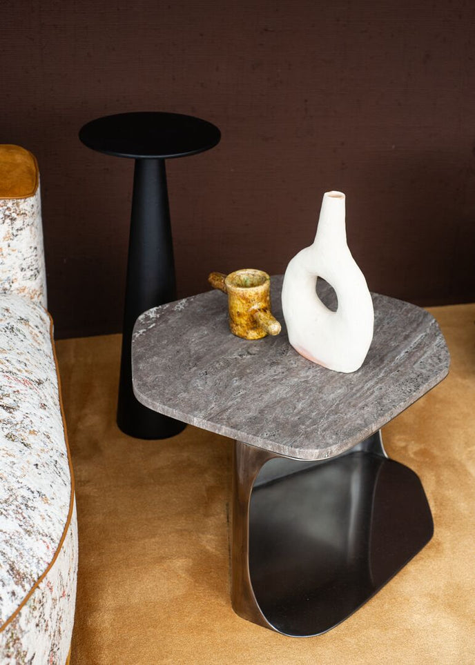 Kor Sculptural C Table with Natural Stone Top and Polished Steel Base by Baxter | Casa Design Group