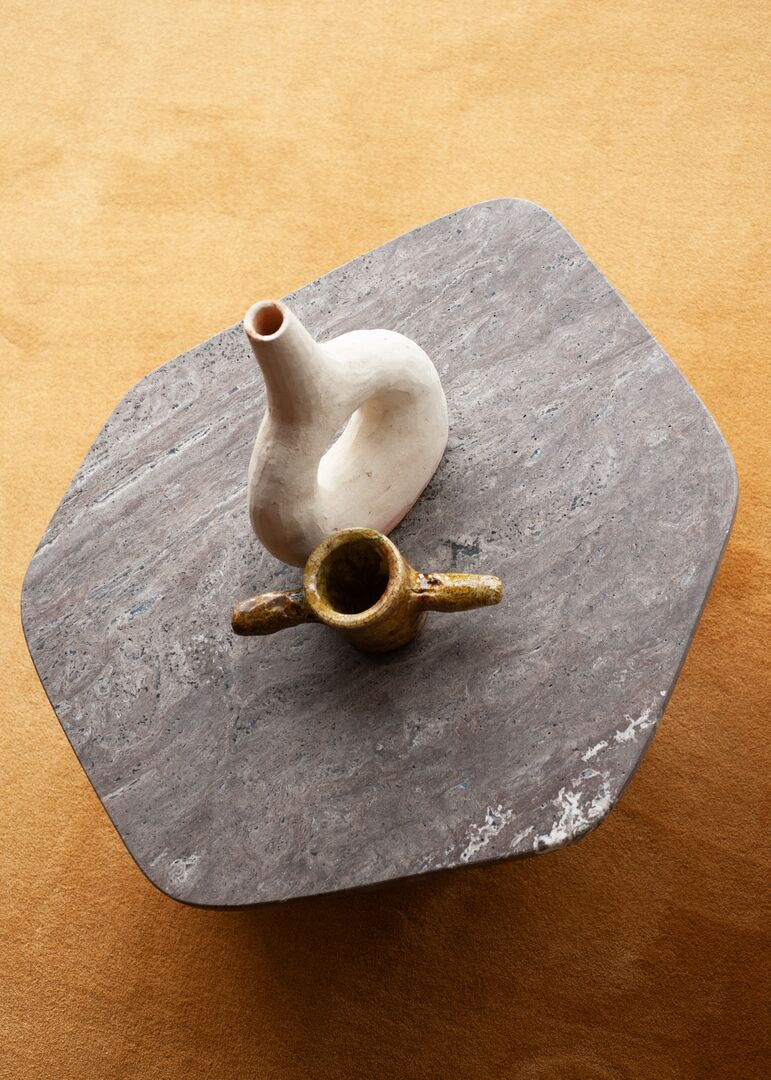 Kor Sculptural C Table with Natural Stone Top and Polished Steel Base by Baxter | Casa Design Group