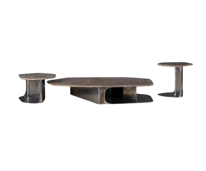 Kor Sculptural Coffee Table with Natural Stone Top and Polished Antiqued Steel Base by Baxter | Casa Design Group