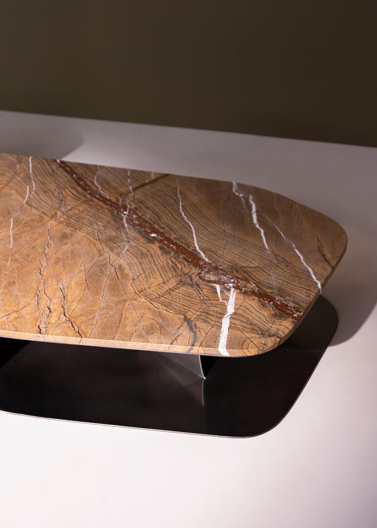 Kor Sculptural Coffee Table with Natural Stone Top and Polished Antiqued Steel Base by Baxter | Casa Design Group