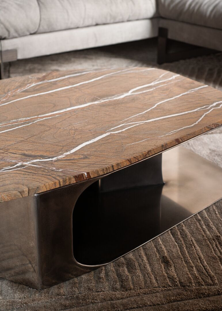 Kor Sculptural Coffee Table with Natural Stone Top and Polished Antiqued Steel Base by Baxter | Casa Design Group
