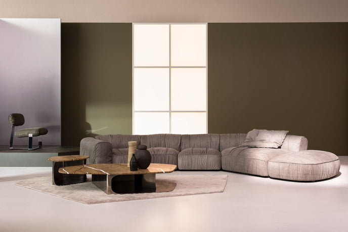 Kor Sculptural Coffee Table with Natural Stone Top and Polished Antiqued Steel Base by Baxter | Casa Design Group