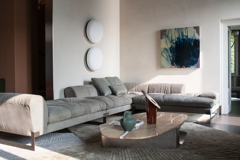Kor Sculptural Coffee Table with Natural Stone Top and Polished Antiqued Steel Base by Baxter | Casa Design Group