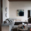 Kor Sculptural Coffee Table with Natural Stone Top and Polished Antiqued Steel Base by Baxter | Casa Design Group