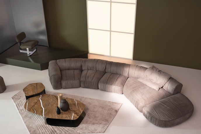 Kor Sculptural Coffee Table with Natural Stone Top and Polished Antiqued Steel Base by Baxter | Casa Design Group