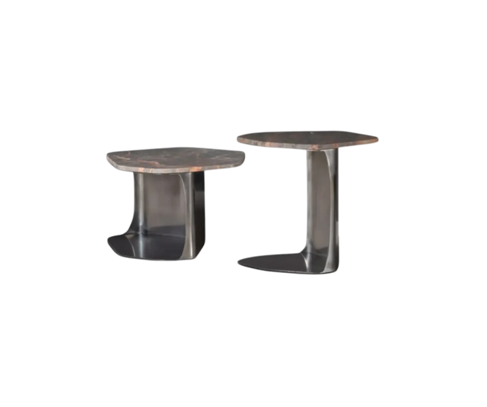 Kor Sculptural Side Table with Natural Stone Top and Polished Antiqued Steel Base by Baxter | Casa Design Group