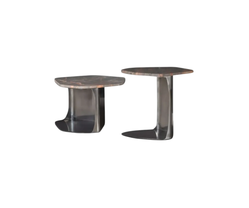 Kor Sculptural Side Table with Natural Stone Top and Polished Antiqued Steel Base by Baxter | Casa Design Group