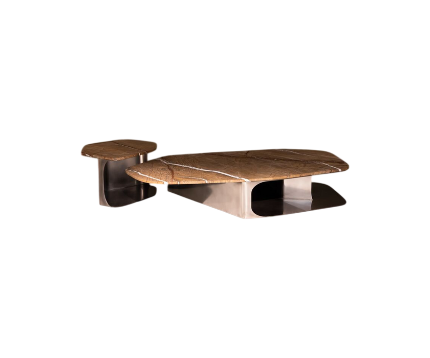 Kor Sculptural Side Table with Natural Stone Top and Polished Antiqued Steel Base by Baxter | Casa Design Group