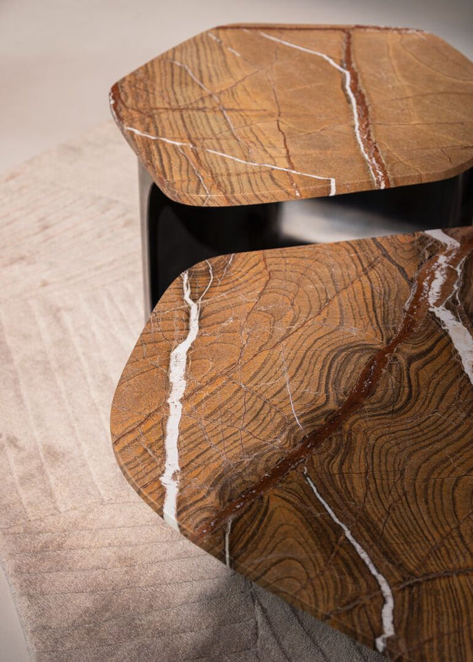 Kor Sculptural Side Table with Natural Stone Top and Polished Antiqued Steel Base by Baxter | Casa Design Group