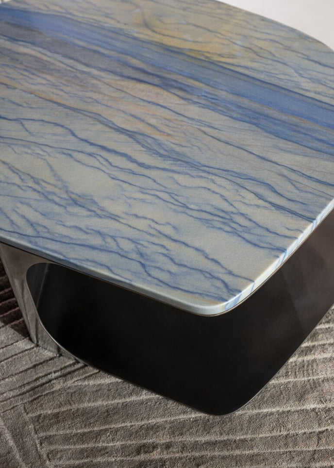 Kor Sculptural Side Table with Natural Stone Top and Polished Antiqued Steel Base by Baxter | Casa Design Group