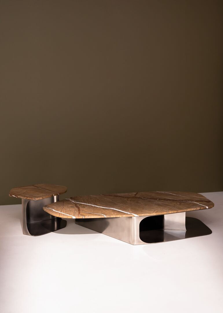 Kor Sculptural Side Table with Natural Stone Top and Polished Antiqued Steel Base by Baxter | Casa Design Group
