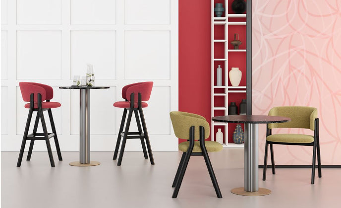 Lambda SG Bar Stool with distinctive double wooden legs, upholstered wraparound backrest and integrated footrest by Accento | Casa Design Group