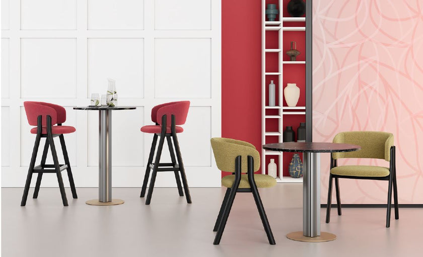 Lambda SG Bar Stool with distinctive double wooden legs, upholstered wraparound backrest and integrated footrest by Accento | Casa Design Group