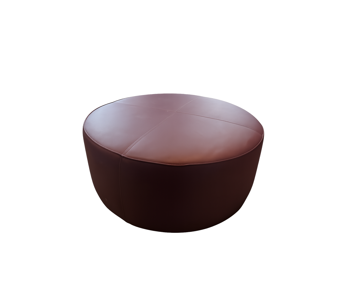 Contemporary burgundy leather round ottoman floor sample – Casa Design Group