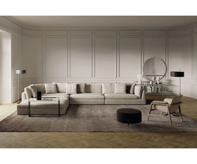 Luxury Arianna armchair by Frigerio with a solid ashwood frame and premium fabric or leather upholstery at Casa Design Group.