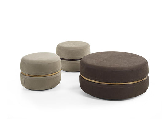 Macaron modern wood pouf by Riva 1920 with upholstered fabric or leather seat and solid wood frame | Casa Design Group
